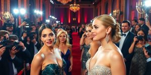 Celebrities in elegant attire at an awards gala.