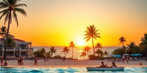Tropical beach with palm trees and celebrities relaxing.