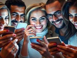 Vedete zâmbitoare pe telefon, postând pe rețele sociale