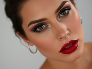 Machiaj de vedetă cu ochi strălucitori și buze roșii.
