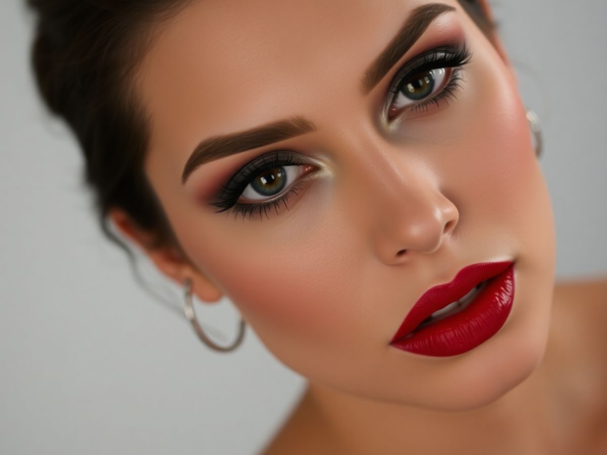 Machiaj de vedetă cu ochi strălucitori și buze roșii.