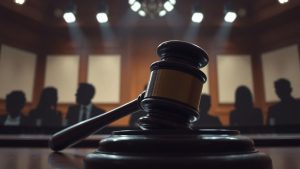 Curtea de judecată cu vedete în fundal.